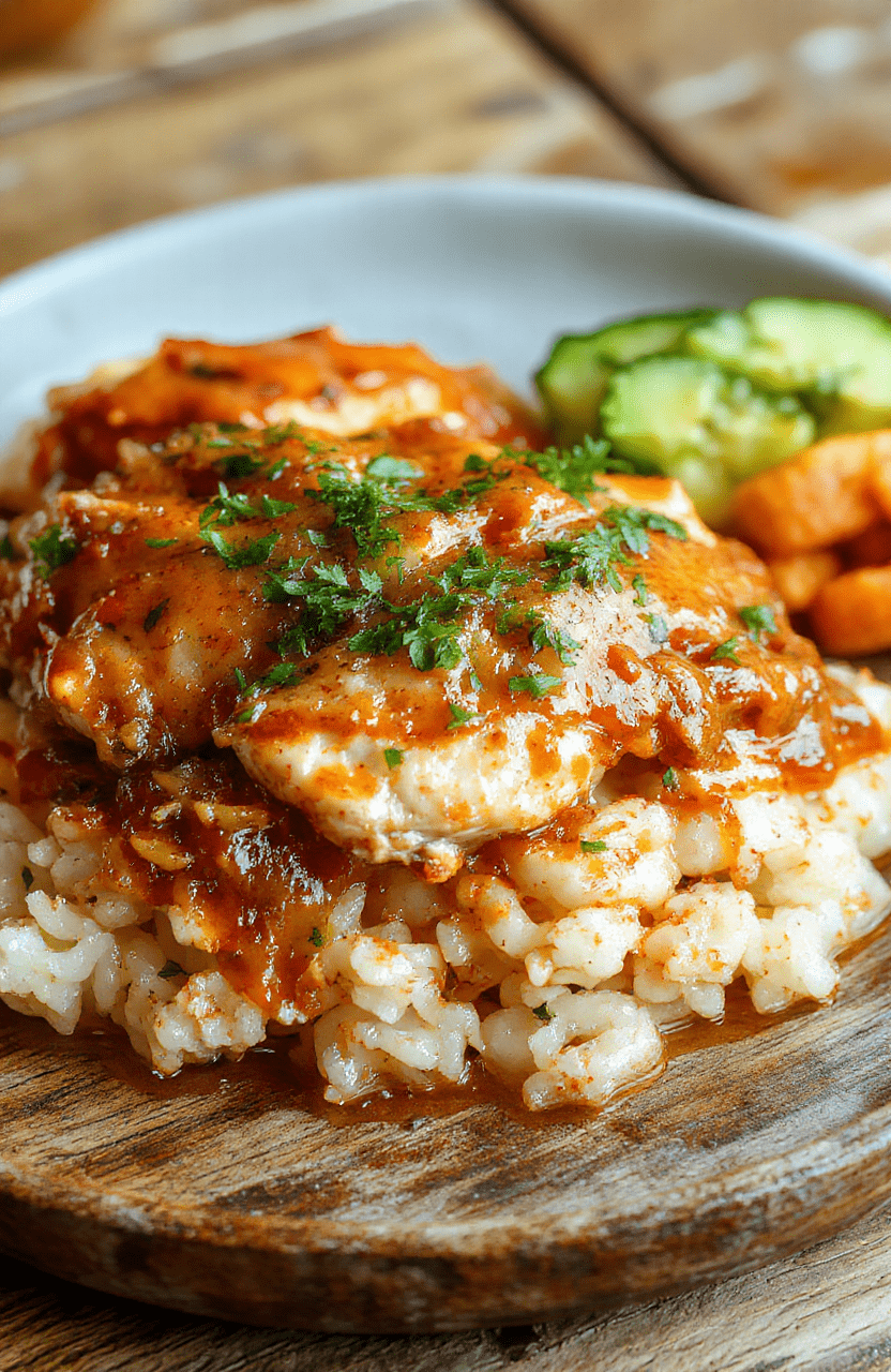 A vibrant plate of smothered chicken and rice featuring golden-brown chicken coated in a creamy sauce, served atop fluffy rice, garnished with fresh herbs, on a rustic wooden table.