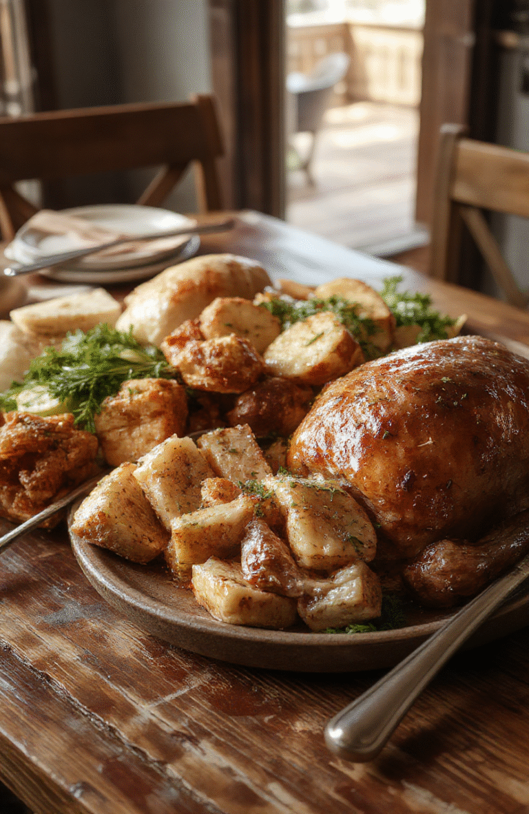 A vibrant, beautifully arranged Thanksgiving platter featuring golden roasted turkey, creamy gravy, tender stuffing, bright cranberry sauce, and pumpkin pie, styled on a rustic wooden table with seasonal decorations, rich warm tones, and inviting textures.