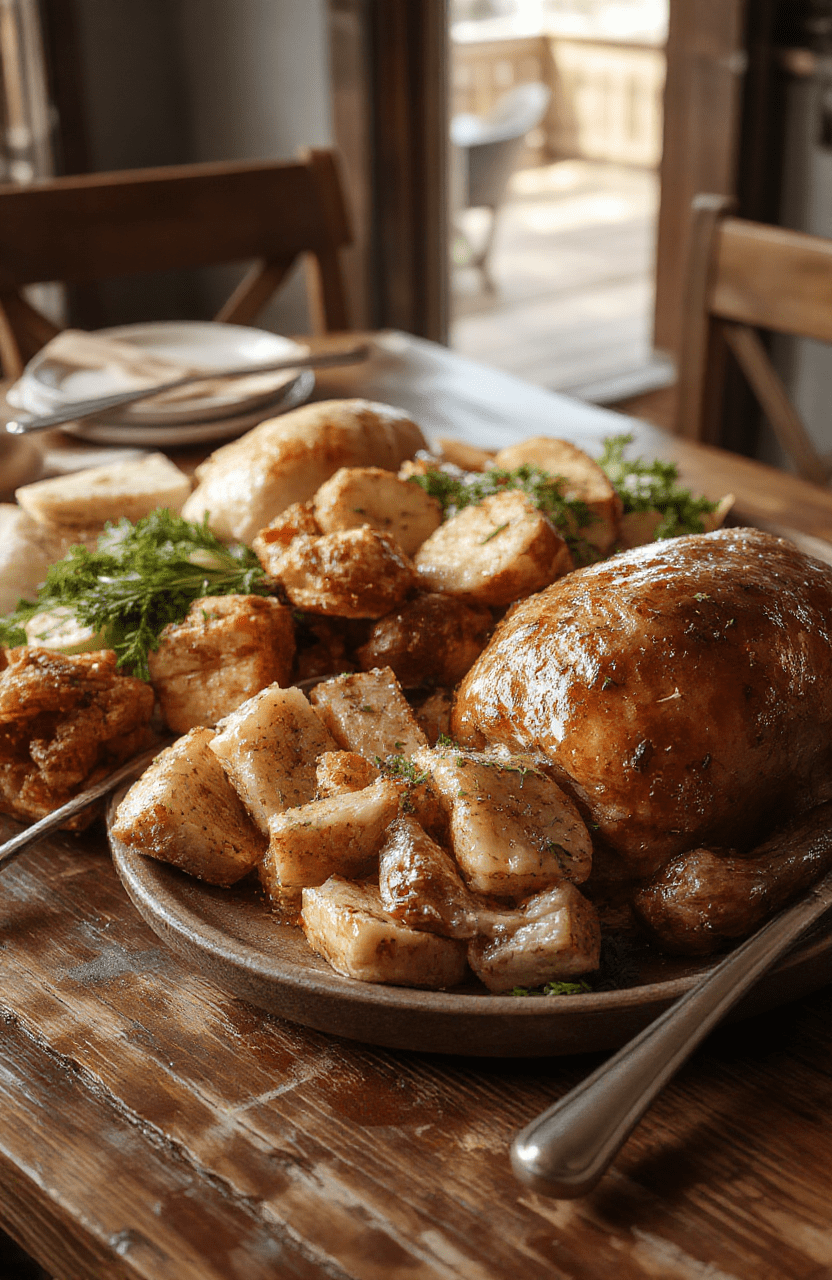 A vibrant, beautifully arranged Thanksgiving platter featuring golden roasted turkey, creamy gravy, tender stuffing, bright cranberry sauce, and pumpkin pie, styled on a rustic wooden table with seasonal decorations, rich warm tones, and inviting textures.