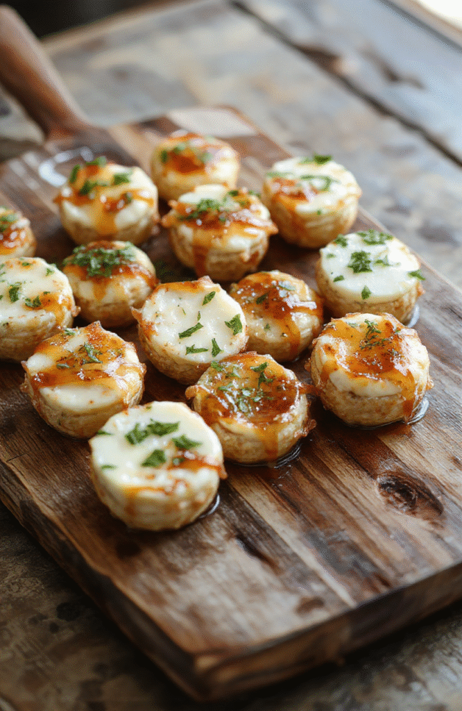 A close-up shot of crispy toasted bread topped with creamy goat cheese, drizzled with golden honey, garnished with fresh herbs, presented on a rustic wooden platter with a soft-focus background highlighting the vibrant colors and textures.