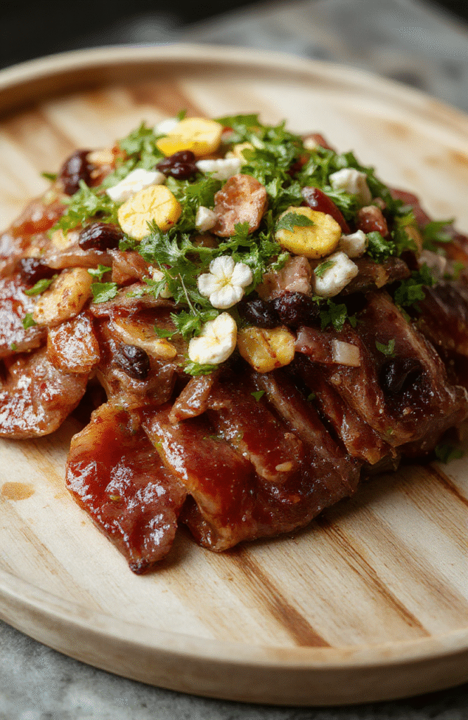 Colorful and intricate edible meat flowers arranged on a sleek wooden platter, featuring a variety of cured meats artistically rolled and layered to resemble blossoming flowers, garnished with fresh herbs, olives, and cheese, with a neutral background that highlights the vibrant reds, pinks, and greens.