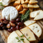 A beautifully arranged cheese board featuring an assortment of cheeses, fresh and dried fruits, nuts, crackers, and garnishes. The presentation is elegant with a rustic wooden board, vibrant colors, and textures that invite sharing, styled with herbs and edible flowers for a sophisticated touch.