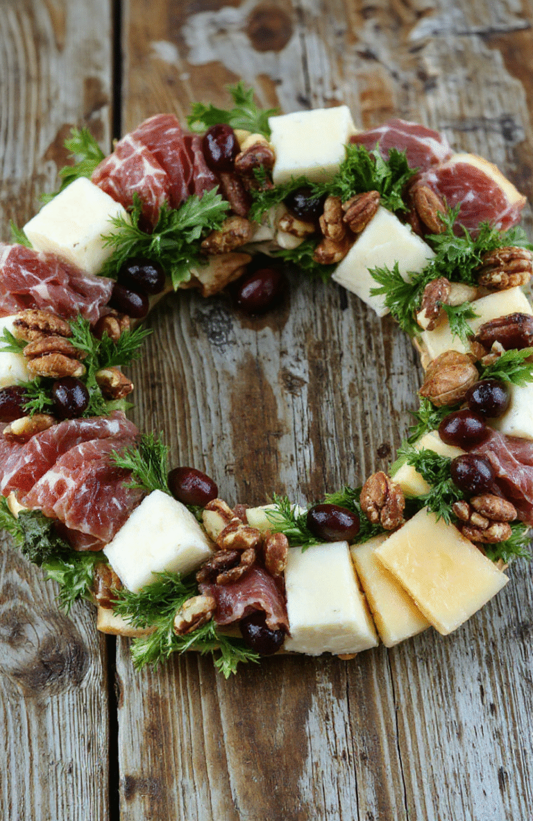 A vibrant, circular charcuterie wreath featuring a variety of colorful cheeses, cured meats, fresh fruits, nuts, and herbs. The arrangement is on a rustic wooden board, with textures ranging from creamy cheeses to shiny cured meats, accented by sprigs of fresh herbs and small bowls of spreads. The presentation is festive and inviting, perfect for holiday gatherings, with a backdrop of seasonal decor and warm lighting highlighting the assortment's freshness and abundance.