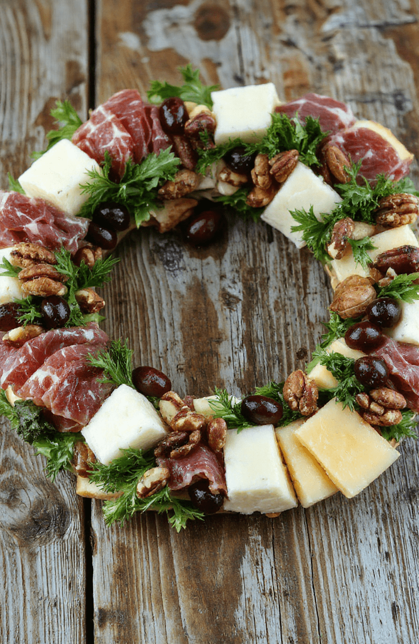 A vibrant, circular charcuterie wreath featuring a variety of colorful cheeses, cured meats, fresh fruits, nuts, and herbs. The arrangement is on a rustic wooden board, with textures ranging from creamy cheeses to shiny cured meats, accented by sprigs of fresh herbs and small bowls of spreads. The presentation is festive and inviting, perfect for holiday gatherings, with a backdrop of seasonal decor and warm lighting highlighting the assortment's freshness and abundance.