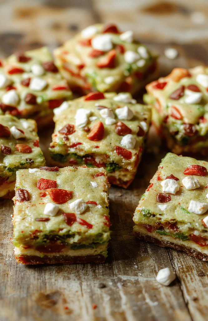 A colorful plate featuring golden-brown Christmas cookie bars topped with sprinkles, colorful icing, and candy pieces, arranged neatly on a rustic wooden table with holiday decorations in the background.