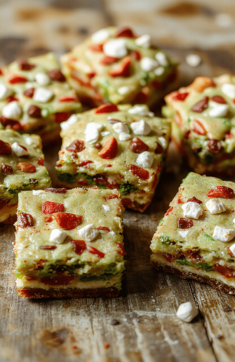 A colorful plate featuring golden-brown Christmas cookie bars topped with sprinkles, colorful icing, and candy pieces, arranged neatly on a rustic wooden table with holiday decorations in the background.