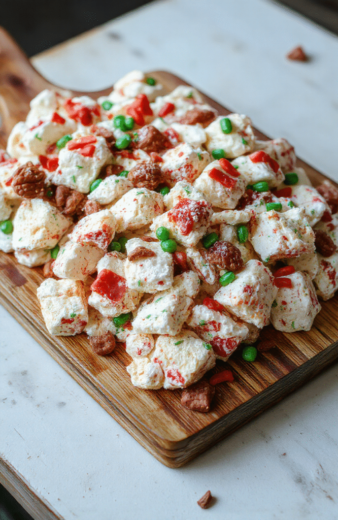 Colorful festive puppy chow spread on a rustic wooden tray with vibrant red and green candies, powdered sugar dusted, in a cheerful holiday setting