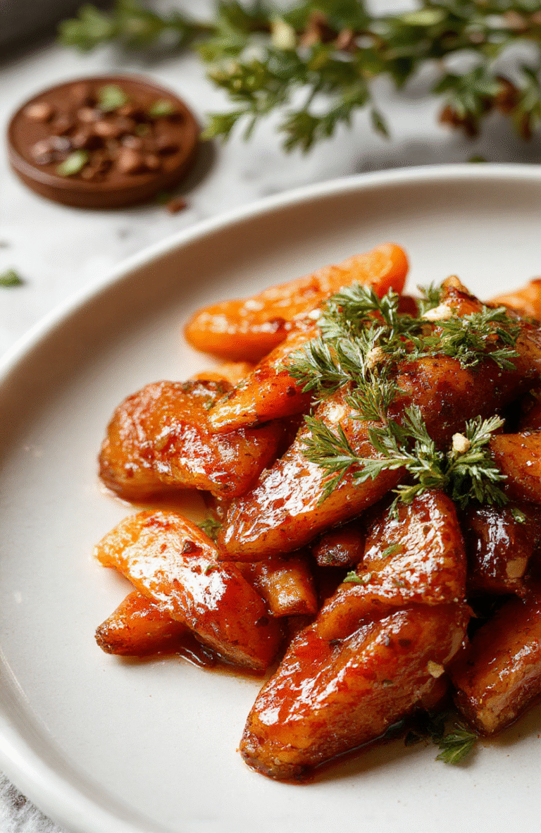 Vibrant orange glazed carrots beautifully arranged on a rustic white plate with a glossy sheen, garnished with fresh herbs. The carrots are tender and coated in a shiny, sweet glaze, with a textured surface showing caramelization. The background features warm holiday accents and a soft-focus festive table setting, highlighting the dish's inviting and festive appearance.