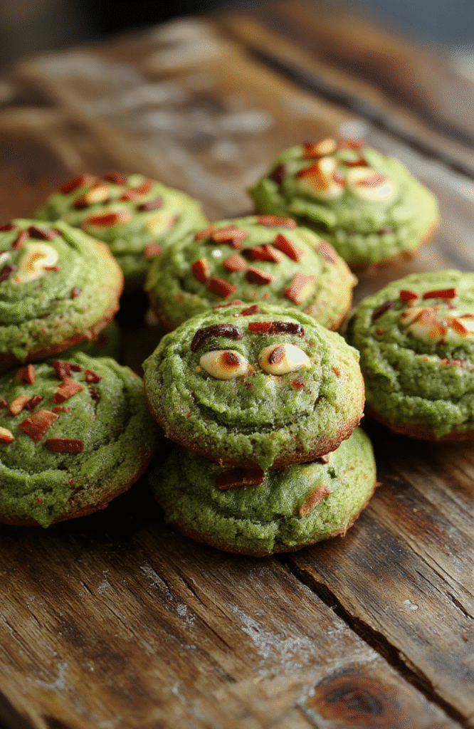 Colorful festive Grinch cookies arranged on a holiday-themed plate, featuring green frosting, red candy accents, and a playful design, with a cozy holiday backdrop, soft natural lighting, and a textured wooden surface.
