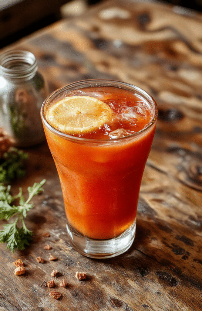 A vibrant festive spiced margarita in a clear glass garnished with an orange wheel and a cinnamon stick, surrounded by festive decorations, bright red and orange hues, a salted rim, and a textured table surface.