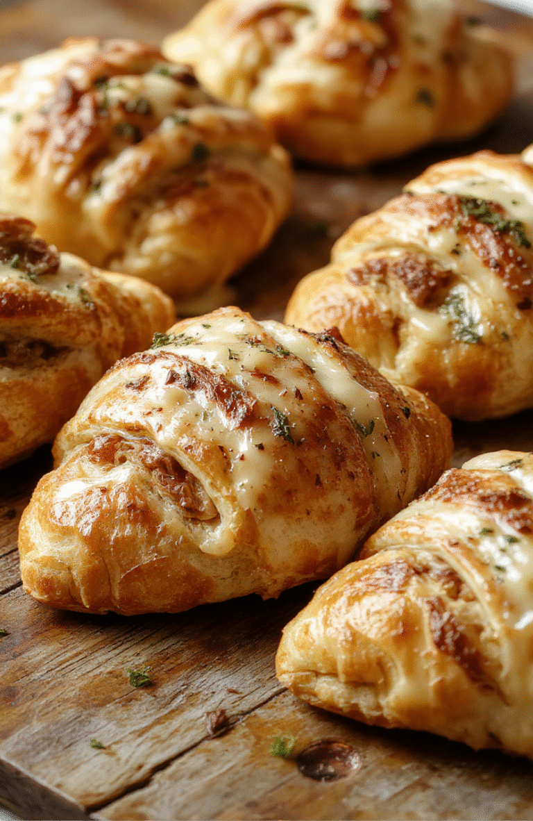 Golden flaky croissants filled with seasoned beef and melted cheese, neatly arranged on a rustic white plate, with a side of fresh herbs and a drizzle of sauce, styled simply with a soft natural light highlighting the crispy layers and gooey cheese.