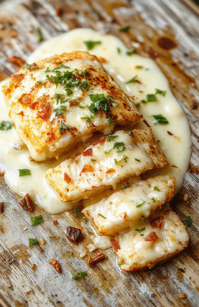 Golden-brown flaky baked cod fillet topped with a creamy coconut lemon sauce, vibrant yellow lemon zest, and fresh herbs, arranged elegantly on a white plate with a light background, highlighting the crispy texture and rich sauce.