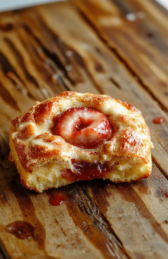 A golden flaky Danish pastry topped with vibrant red sliced strawberries and creamy white dollops of cream cheese filling, artfully arranged on a white plate with a subtle rustic cloth beneath, capturing the glossy fruit textures and buttery pastry details.