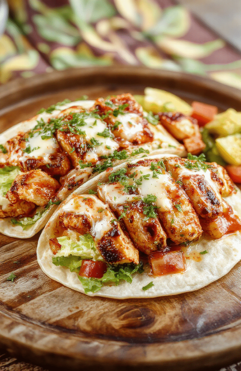 Colorful BBQ chicken wraps arranged on a rustic wooden plate, showcasing juicy grilled chicken, fresh lettuce, tomato slices, and gooey melted cheese, garnished with herbs, with a vibrant background hinting at a homemade meal.