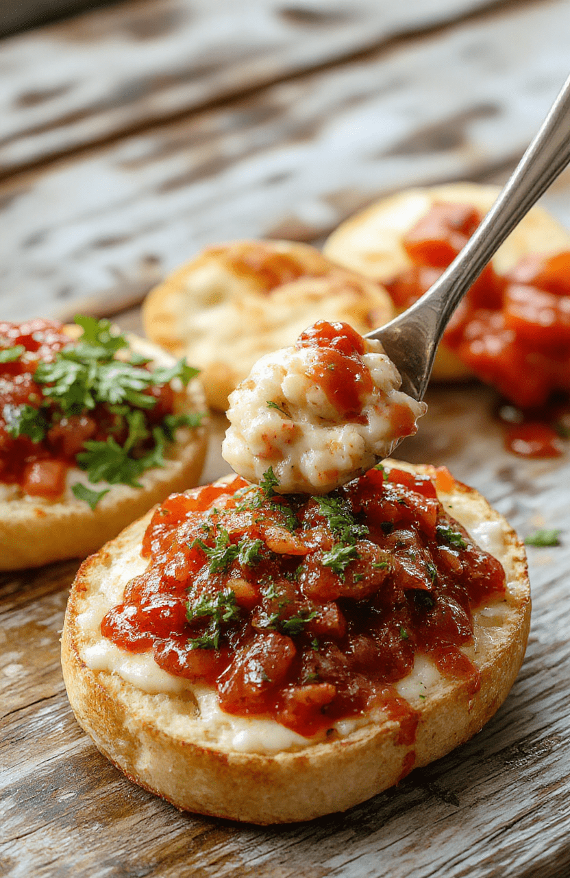 A vibrant serving of bruschetta dip in a rustic white bowl, topped with chopped fresh basil and diced tomatoes. Around the bowl are slices of toasted baguette, golden and crispy, garnished with a drizzle of olive oil. The scene is set on a wooden table with a basil sprig and garlic cloves, emphasizing freshness and simplicity, perfect for a quick appetizer presentation.