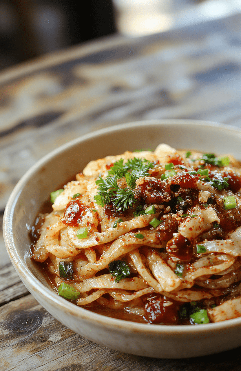 Colorful japchae noodles topped with vibrant vegetables, glossy mushrooms, and thin slices of beef arranged elegantly on a white plate, with a blurred wooden table background, showcasing the glossy texture and colorful ingredients.