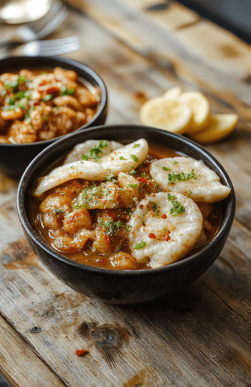 A vibrant bowl featuring crispy potstickers nestled atop a bed of stir-fried noodles, garnished with sliced green onions and sesame seeds, colorful vegetables adding freshness, all presented on a rustic wooden surface with natural light highlighting the textures and colors.
