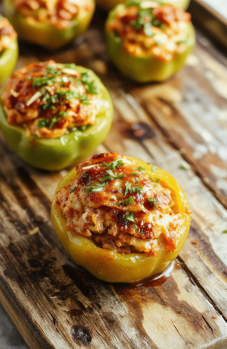 Colorful stuffed bell peppers on a rustic white plate, filled with seasoned ground meat, rice, and melted cheese, garnished with fresh herbs, vibrant red and green peppers contrasting with golden cheese, styled on a natural wooden table with a blurred background.