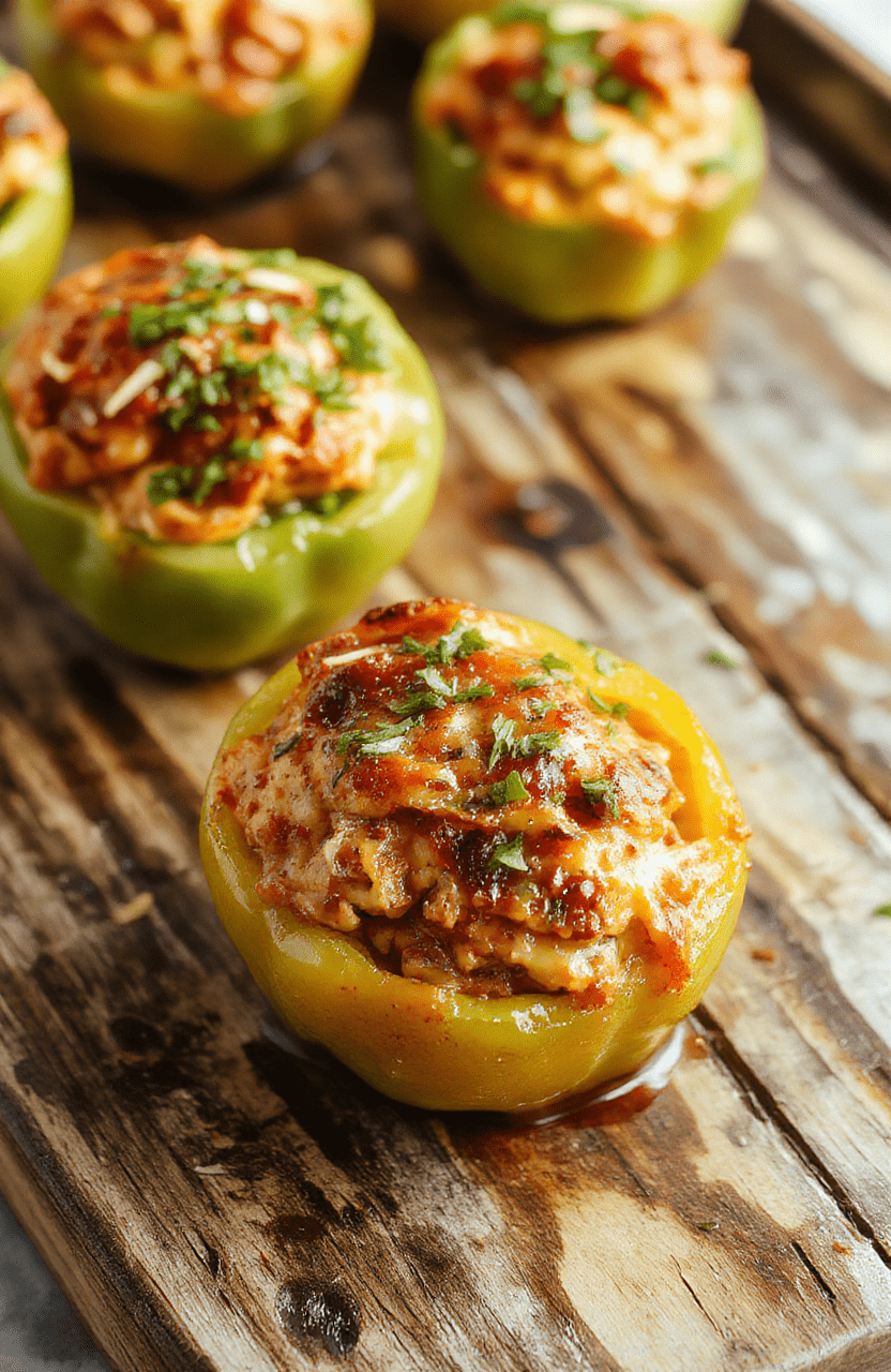 Colorful stuffed bell peppers on a rustic white plate, filled with seasoned ground meat, rice, and melted cheese, garnished with fresh herbs, vibrant red and green peppers contrasting with golden cheese, styled on a natural wooden table with a blurred background.