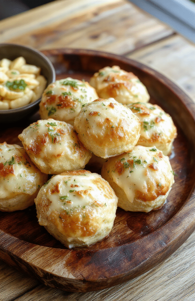 A batch of golden, fluffy garlic rolls arranged on a rustic wooden platter, glazed with butter, topped with fresh chopped parsley and garlic slices, with a soft-focus background showcasing a cozy dining table and a warm ambiance.