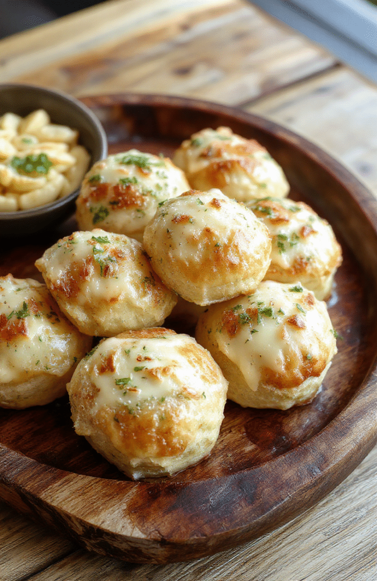 A batch of golden, fluffy garlic rolls arranged on a rustic wooden platter, glazed with butter, topped with fresh chopped parsley and garlic slices, with a soft-focus background showcasing a cozy dining table and a warm ambiance.