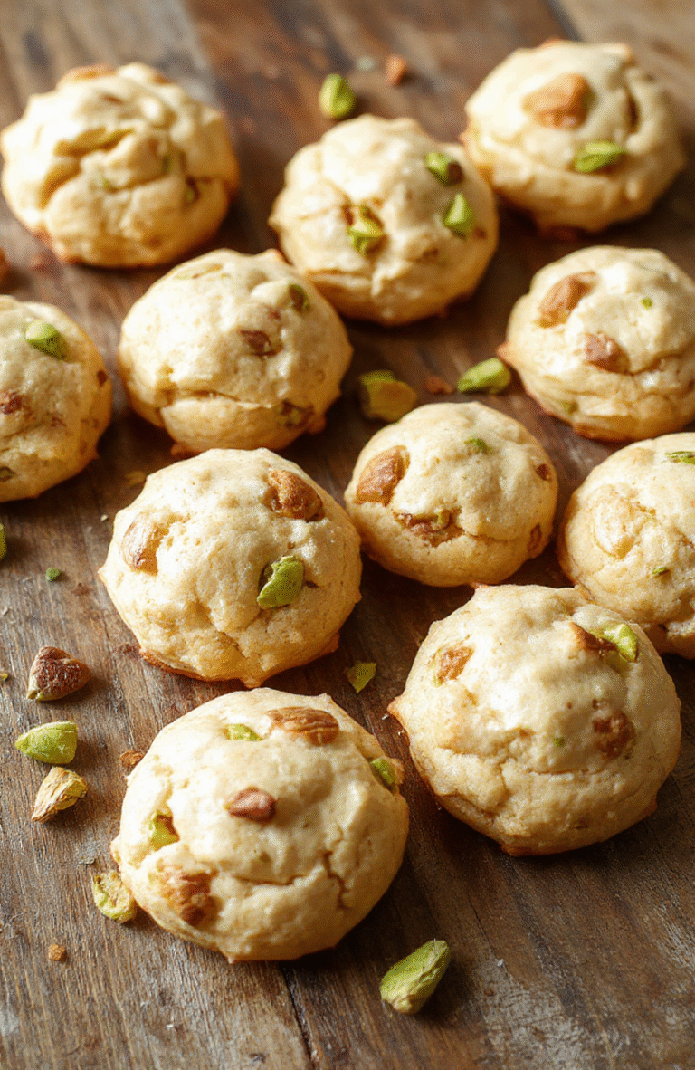 A close-up shot of golden, fluffy pistachio cookies arranged on a white plate. The cookies are topped with chopped pistachios, showcasing their textures. Soft pastel background with sprigs of fresh pistachios and light crumbs around the plate. The cookies look moist and inviting, with a slight crunch on the edges and a vibrant sprinkle of pistachios for a pop of color.
