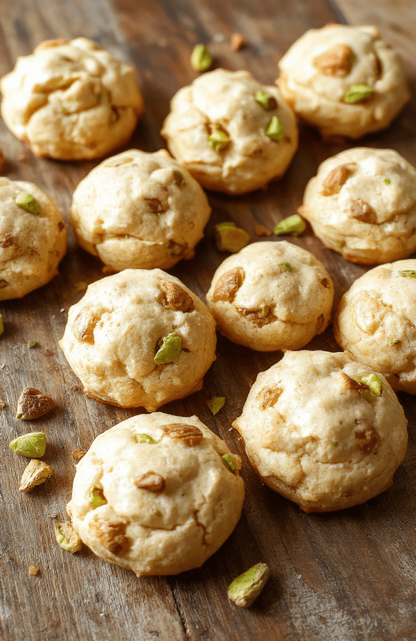 A close-up shot of golden, fluffy pistachio cookies arranged on a white plate. The cookies are topped with chopped pistachios, showcasing their textures. Soft pastel background with sprigs of fresh pistachios and light crumbs around the plate. The cookies look moist and inviting, with a slight crunch on the edges and a vibrant sprinkle of pistachios for a pop of color.