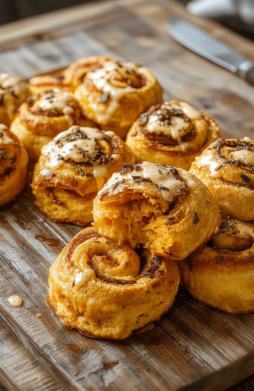 A plate of golden, fluffy pumpkin rolls topped with a light dusting of powdered sugar, arranged on a rustic wooden table with a hint of cinnamon sticks and fresh pumpkin in the background