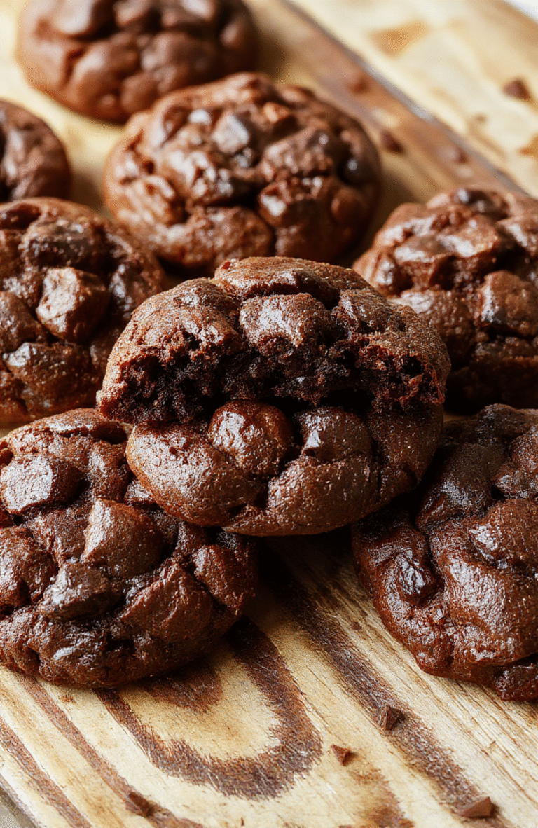 A close-up of fudgy chewy brownie cookies arranged on a rustic wooden platter. The cookies are glossy, dark chocolate brown with a cracked surface, showcasing their rich, fudgy interior. Surrounding the platter are scattered chocolate chips and a few cracked cookies revealing their dense, moist texture. The scene is warmed with natural daylight, emphasizing the glossy sheen and inviting appearance.