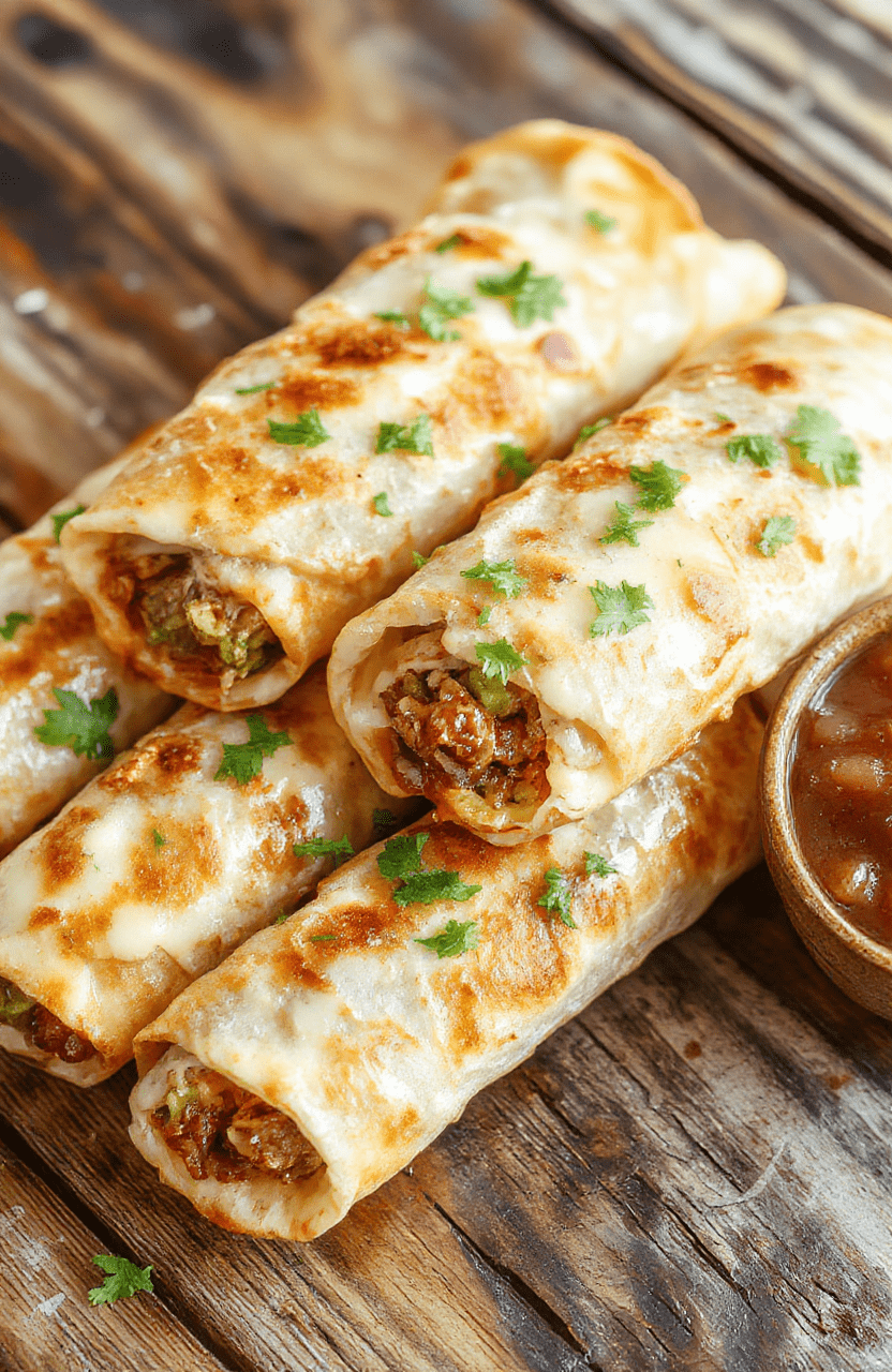 Golden crispy taquitos arranged on a rustic wooden platter, filled with seasoned meat and cheese, garnished with fresh cilantro and a side of vibrant salsa, with textured shells showcasing a crunchy surface and a cheesy interior.