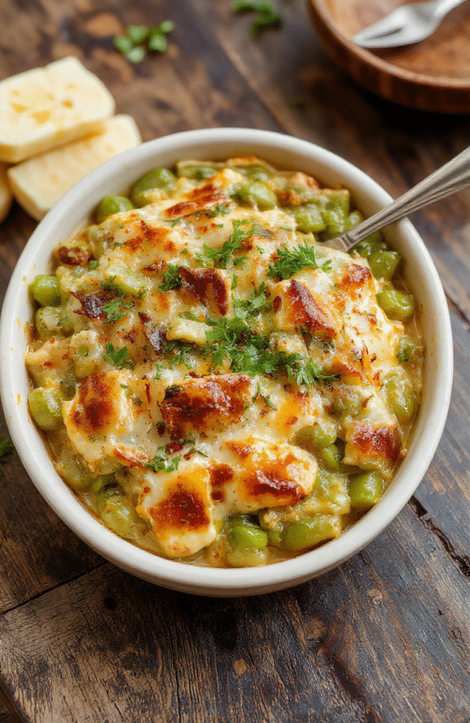 A vibrant green bean casserole in a rustic white bowl topped with crispy fried onions, surrounded by fresh green beans and creamy sauce, styled on a wooden surface with warm, festive lighting, showcasing textures of crunchy onions and tender beans.