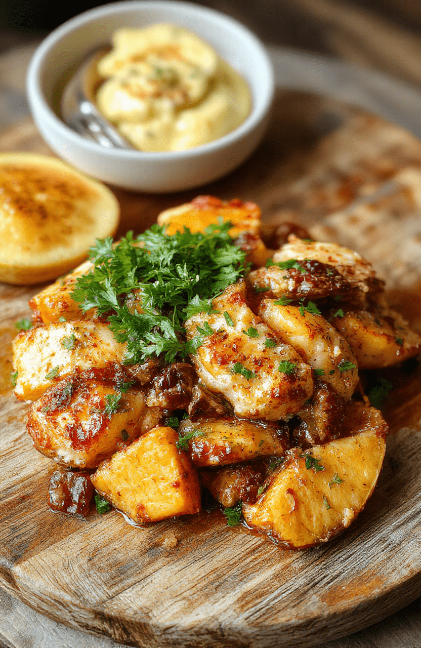 A vibrant chicken sweet potato bowl featuring roasted golden sweet potatoes, tender grilled chicken slices, fresh green spinach, and a drizzle of creamy sauce on a rustic wooden plate, garnished with herbs. The colorful ingredients are arranged attractively, showcasing textures from crispy edges to smooth sauces, styled casually with natural light highlighting the dish's freshness.