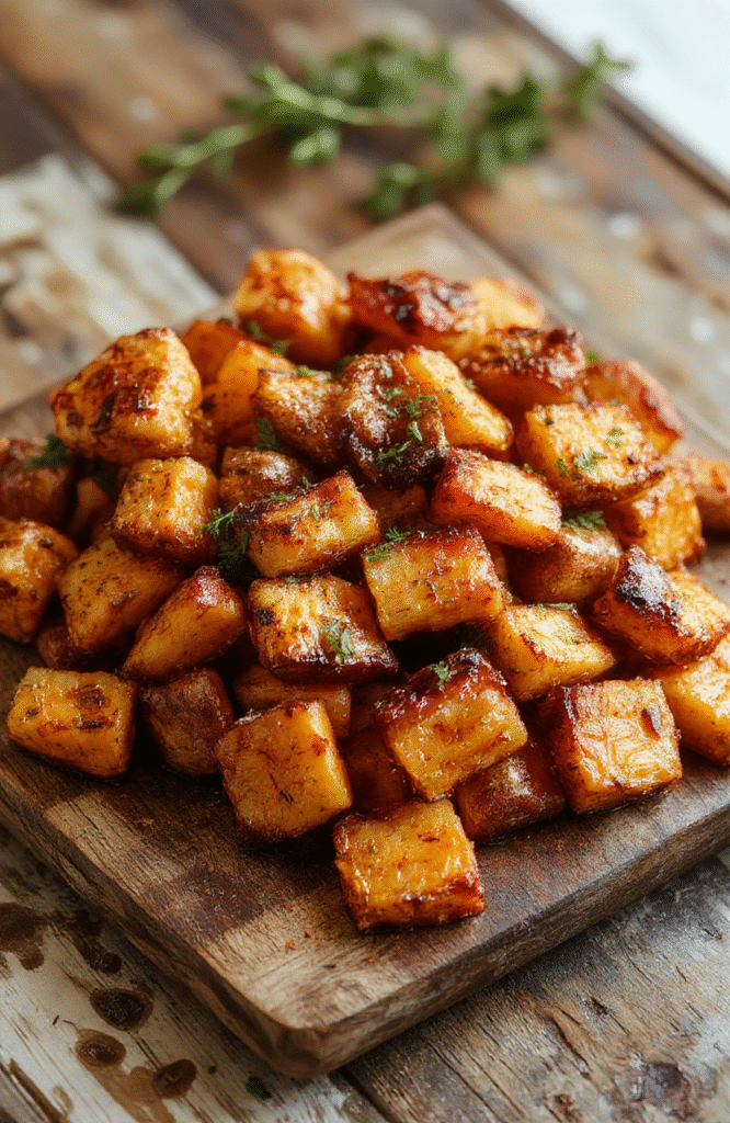 Colorful roasted sweet potatoes and carrots arranged neatly on a rustic white platter. The vegetables are golden-brown with caramelized edges, garnished with fresh herbs. The vibrant orange of the carrots contrasts with the deep orange of the sweet potatoes, all with a lightly crispy texture. The background is softly blurred to emphasize the appealing, hearty presentation, styled in a casual and inviting manner.