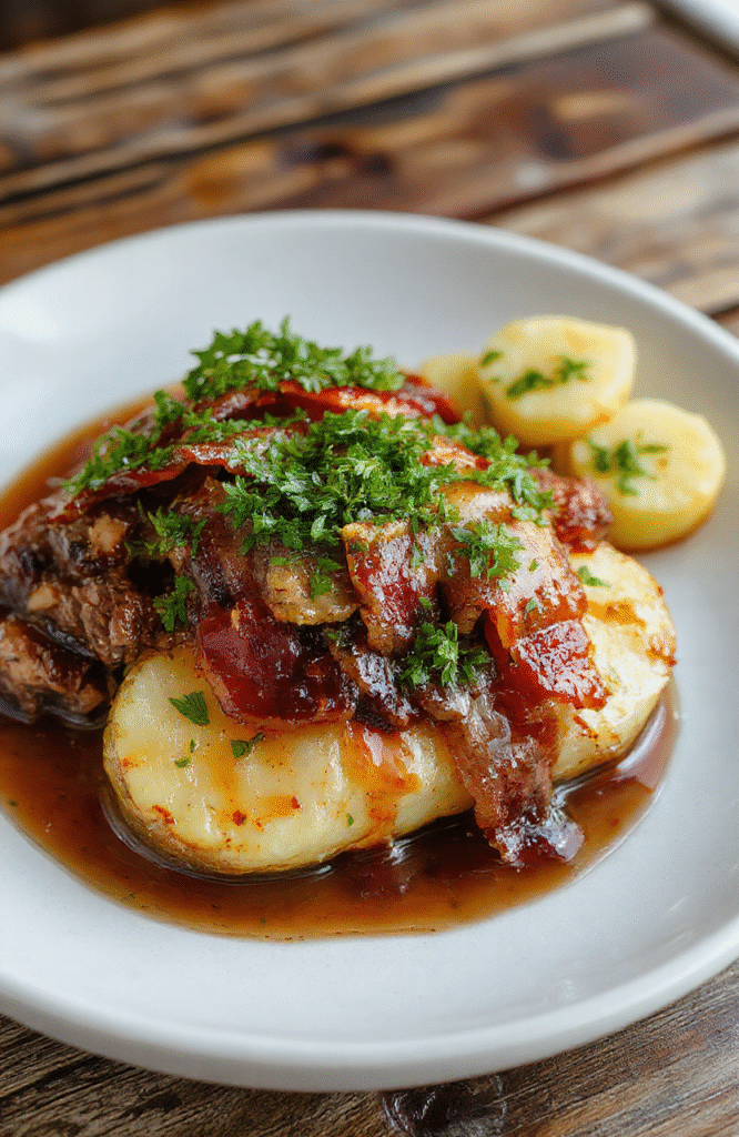 A rustic white plate filled with crispy roasted potatoes topped with tender beef pieces and crispy bacon bits, garnished with fresh herbs, vibrant colors, and textured surfaces, styled simply with a dark wooden background.