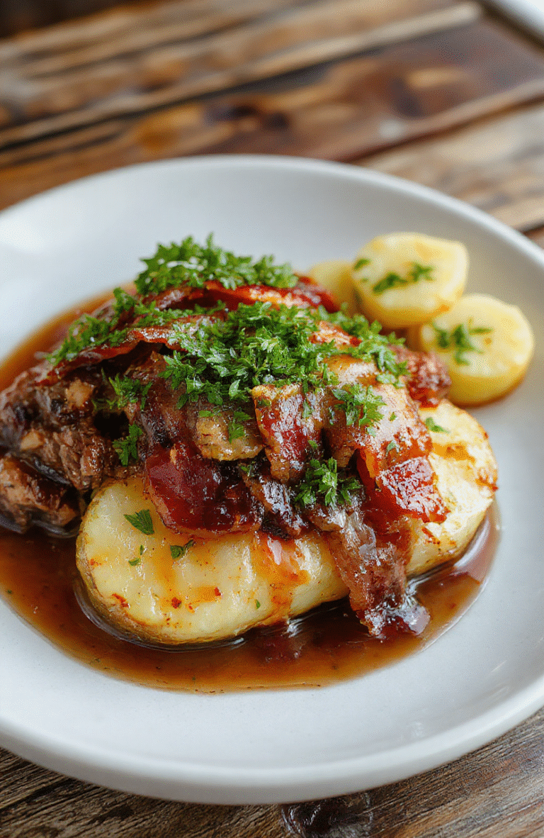 A rustic white plate filled with crispy roasted potatoes topped with tender beef pieces and crispy bacon bits, garnished with fresh herbs, vibrant colors, and textured surfaces, styled simply with a dark wooden background.