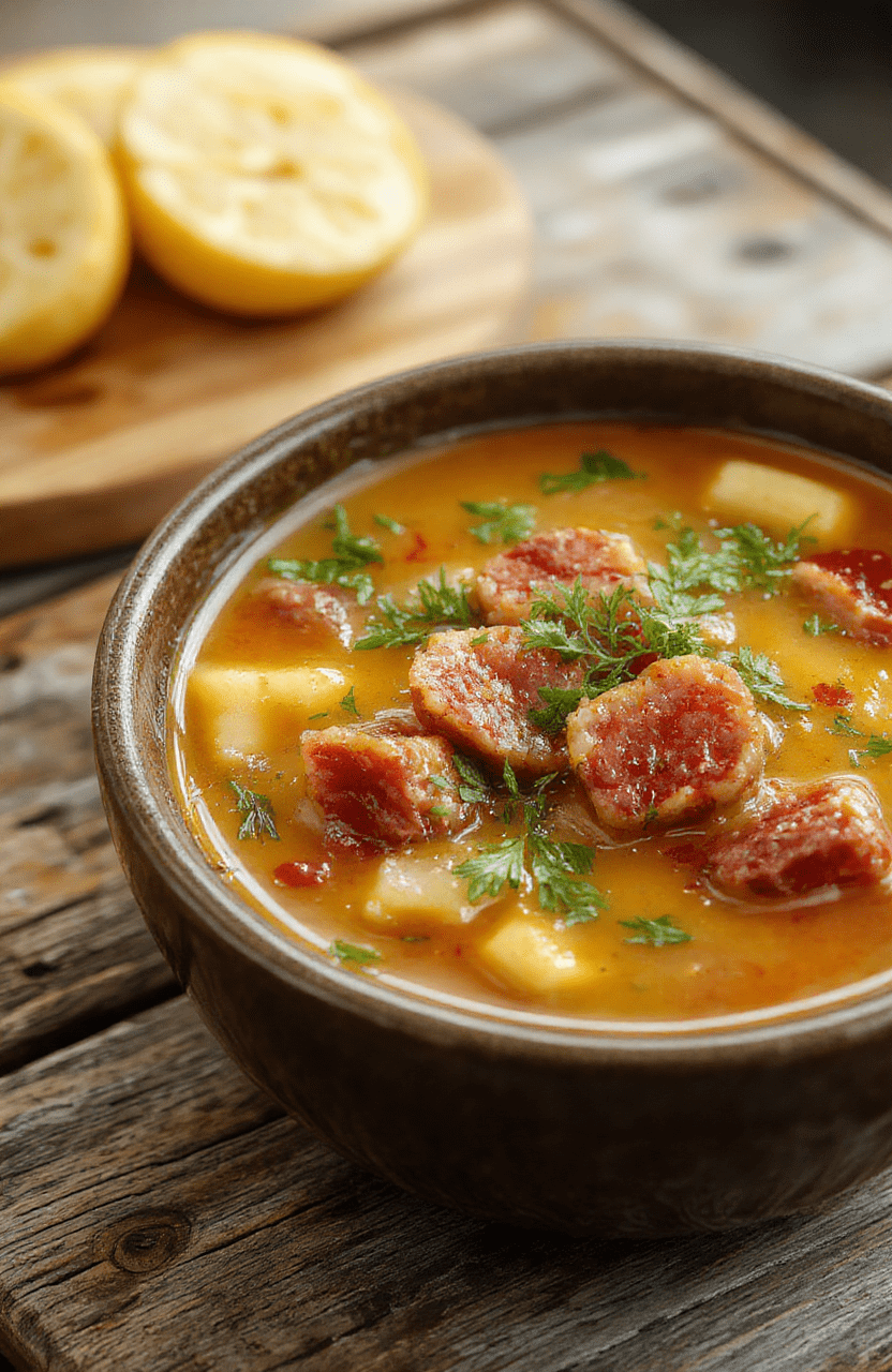 A vibrant bowl of hearty kielbasa soup featuring slices of smoked kielbasa, tender vegetables, and herbs in a steaming broth, garnished with fresh parsley, presented in a rustic white bowl on a wooden table with a bread roll nearby, colorful ingredients and textured soup visible.
