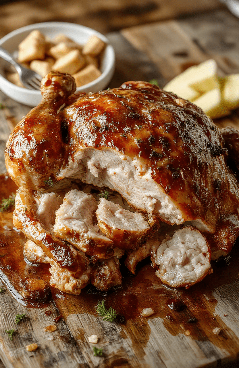 A beautifully plated whole roast turkey with golden crispy skin, garnished with fresh herbs and lemon slices, resting on a white platter on a rustic wooden table, with side accompaniments blurred in the background, vibrant and appetizing colors highlighting the savory textures.