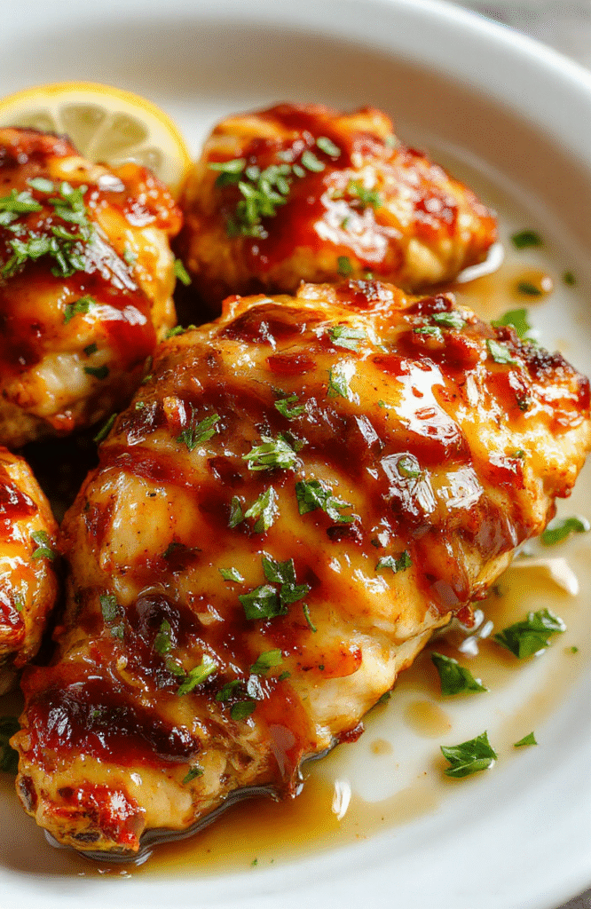 A close-up of a beautifully plated lemon honey glazed chicken with a golden glaze, garnished with lemon slices and fresh herbs. The chicken is tender with a slightly caramelized surface, served on a rustic white plate with a drizzle of honey and lemon sauce, surrounded by fresh lemon wedges and sprigs of herbs, creating a vibrant and appetizing visual.