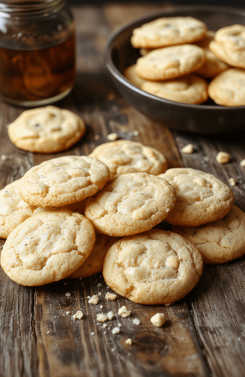 A plate of golden-brown Magical Butterbeer Cookies drizzled with whipped cream, adorned with caramel drizzle and colorful sprinkles on a rustic wooden surface, with a soft-focus background evoking a cozy, enchanted atmosphere.