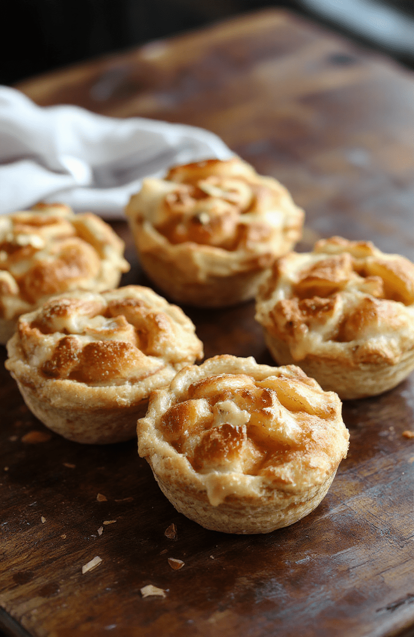 Colorful mini apple pies arranged on a rustic wooden platter, golden crusts topped with cinnamon sugar, sliced apples visible inside, styled with fresh apple slices and a dusting of powdered sugar, vibrant and inviting.