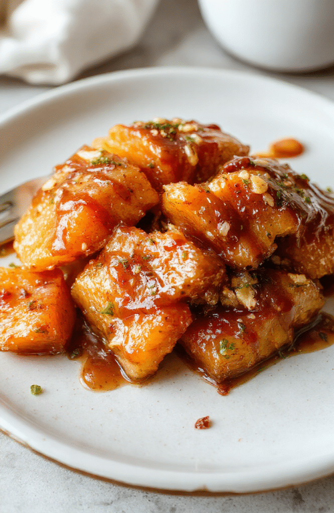 A vibrant dish of caramel-glazed candied yams arranged neatly on a rustic white plate, steam rising from the soft, glossy caramel coating, surrounded by chopped pecans and a sprig of fresh rosemary, styled on a wooden table with warm ambient lighting.