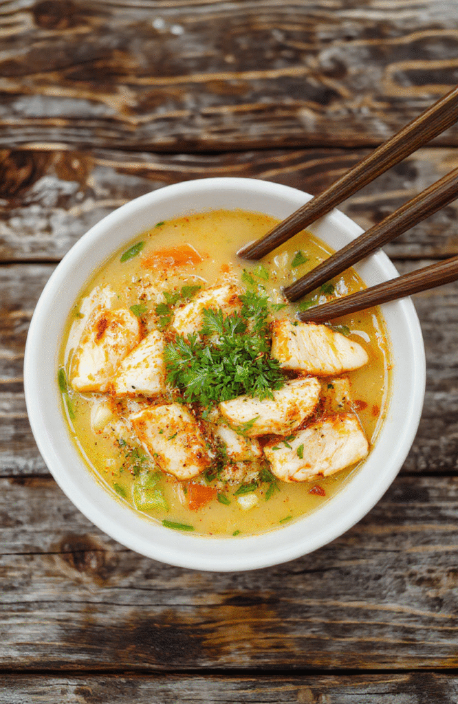 A vibrant plate of chicken ramen stir fry featuring tender chicken strips, colorful vegetables like bell peppers and carrots, glossy ramen noodles, and garnished with chopped green onions. The dish is presented on a rustic wooden table with a textured background, emphasizing the rich sauce, fresh ingredients, and appetizing textures.