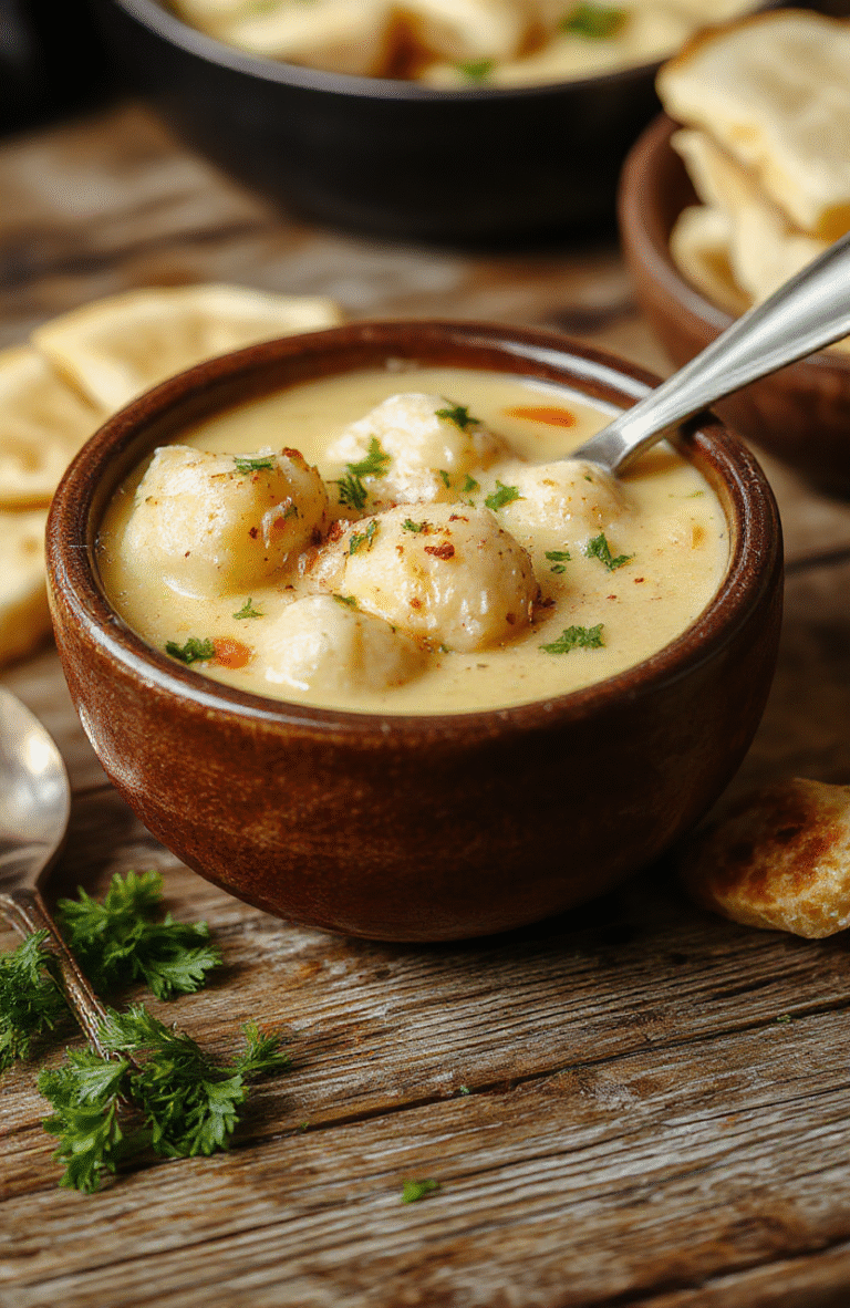 A bowl of hearty chicken dumpling soup with golden-brown dumplings floating in a rich, steaming broth, garnished with fresh herbs on a rustic wooden table, with a spoon resting beside the bowl.