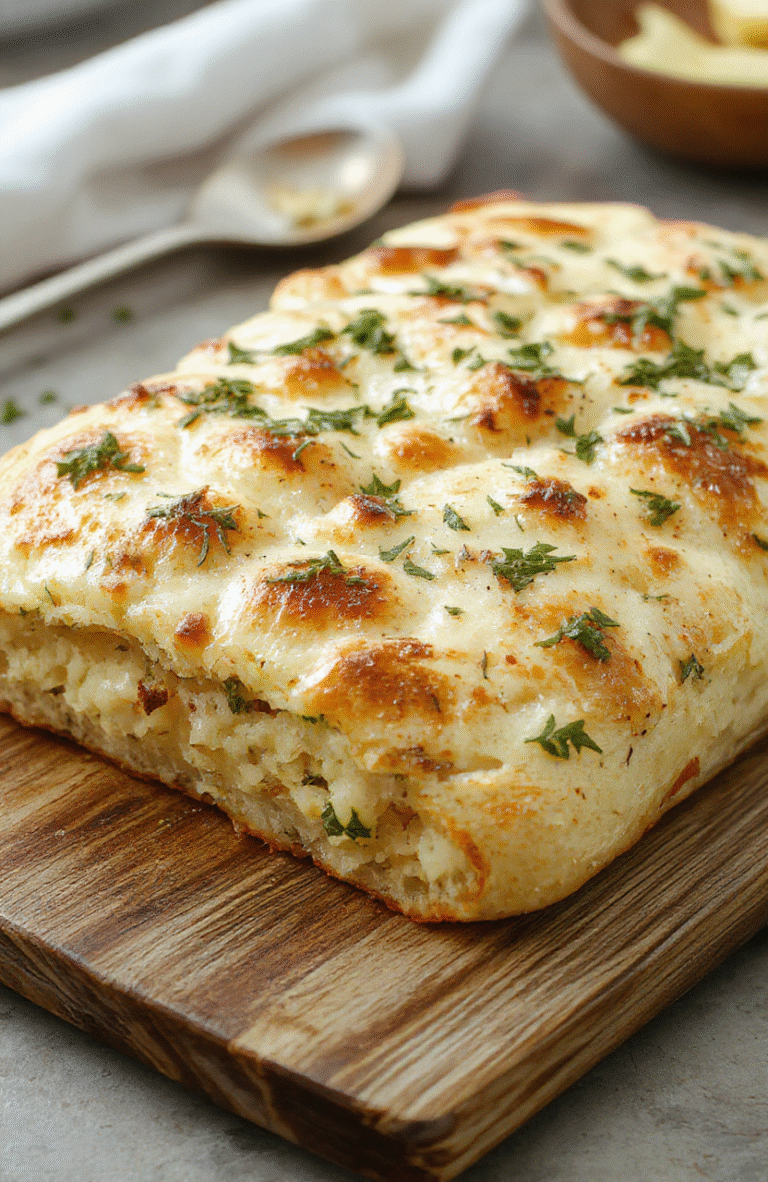 A freshly baked golden garlic focaccia bread topped with herbs and minced garlic, sliced showing its soft, airy interior. The bread rests on a rustic wooden cutting board with a hint of olive oil drizzled over the top, garnished with fresh rosemary and cherry tomatoes in the background, textured crust with herbs visible, appealing and rustic style.