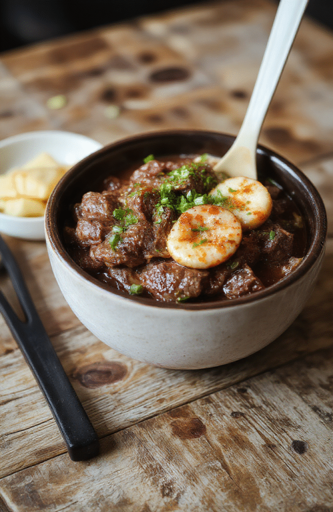 A vibrant Korean beef bowl plated beautifully with sliced beef, steamed rice, green vegetables, and sesame seeds, arranged on a rustic wooden table with chopsticks nearby, colorful and appetizing with a glossy sauce coating the beef