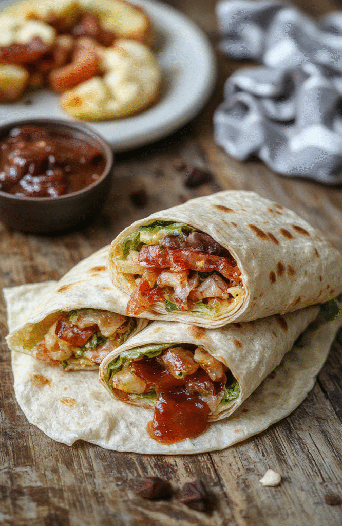 Colorful BLT wraps arranged neatly on a rustic wooden platter, showcasing crispy bacon, fresh green lettuce, ripe red tomatoes, and creamy sauce, all wrapped in soft tortillas with a slight golden hue, styled with fresh herbs and a fork nearby, evoking an inviting casual dinner scene.