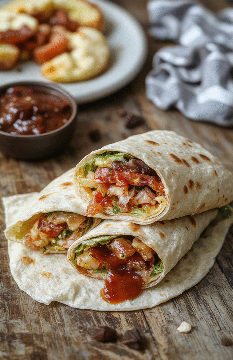 Colorful BLT wraps arranged neatly on a rustic wooden platter, showcasing crispy bacon, fresh green lettuce, ripe red tomatoes, and creamy sauce, all wrapped in soft tortillas with a slight golden hue, styled with fresh herbs and a fork nearby, evoking an inviting casual dinner scene.