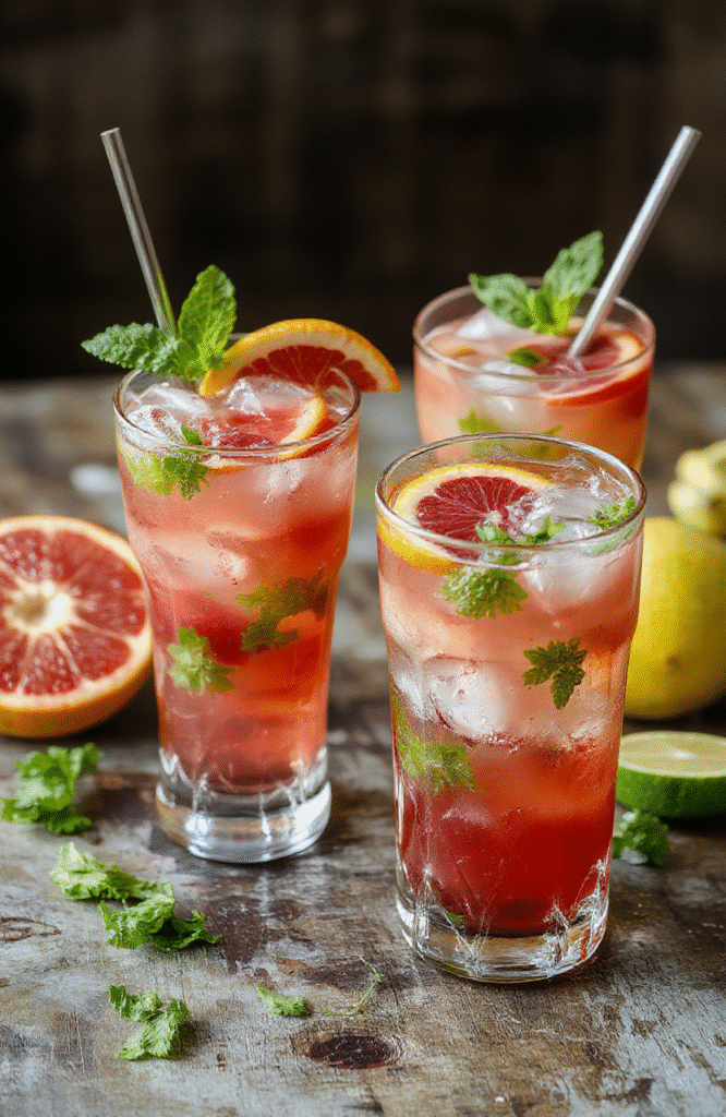 A vibrant glass of Blood Orange Mojito garnished with fresh mint leaves and a slice of blood orange, served on a rustic wooden table with a textured background, highlighting the bright orange hue of the drink and the crisp mint leaves, with condensation on the glass for a refreshing look.