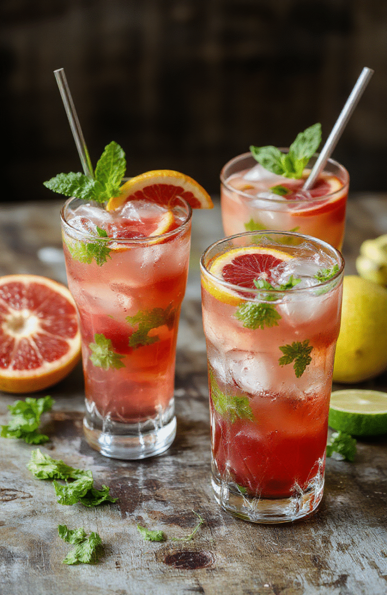 A vibrant glass of Blood Orange Mojito garnished with fresh mint leaves and a slice of blood orange, served on a rustic wooden table with a textured background, highlighting the bright orange hue of the drink and the crisp mint leaves, with condensation on the glass for a refreshing look.