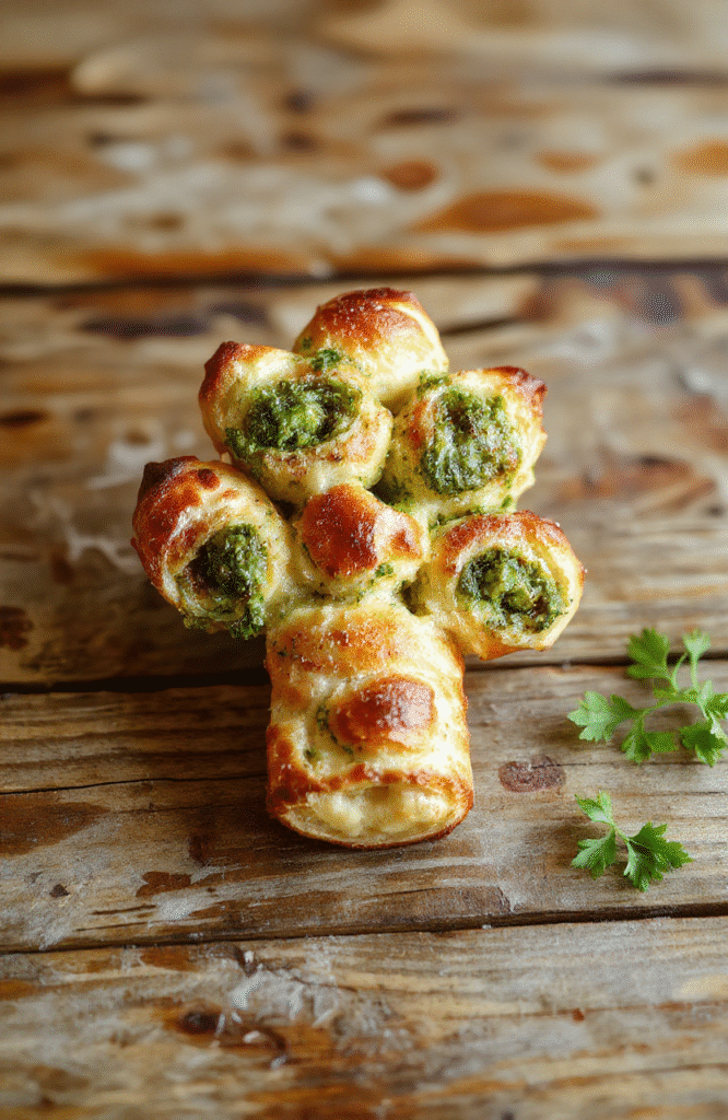 A beautifully arranged puff pastry tree topped with vibrant green basil pesto, cherry tomatoes, and melted cheese, with a golden-brown flaky crust, styled on a rustic wooden board, surrounded by fresh herbs and holiday decorations.